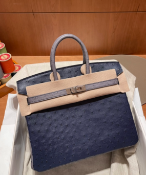 에르메스 버킨백25 몰타블루 그레이 은장 타조가죽